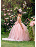 Peach Pink Lace Tulle V Back Flower Girl Dress With Beaded Sash